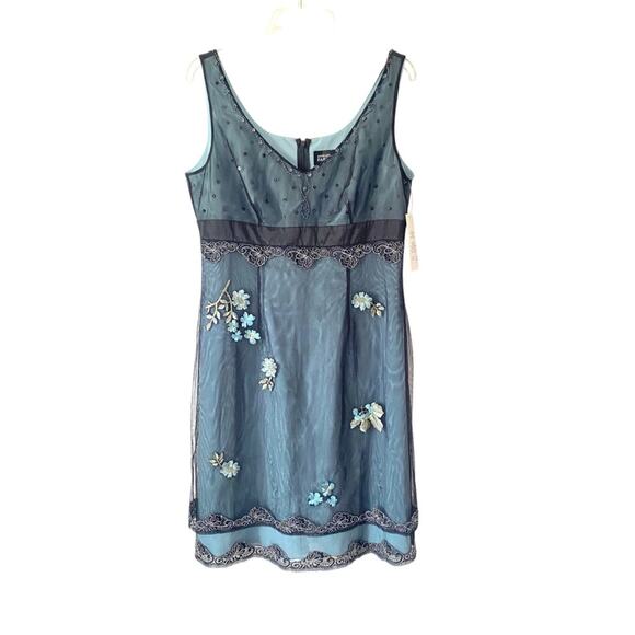 Adrianna Papell Nwts Embroidered Beaded Sequin Mesh Overlay Blue Dress NWTs 14 - Picture 1 of 9